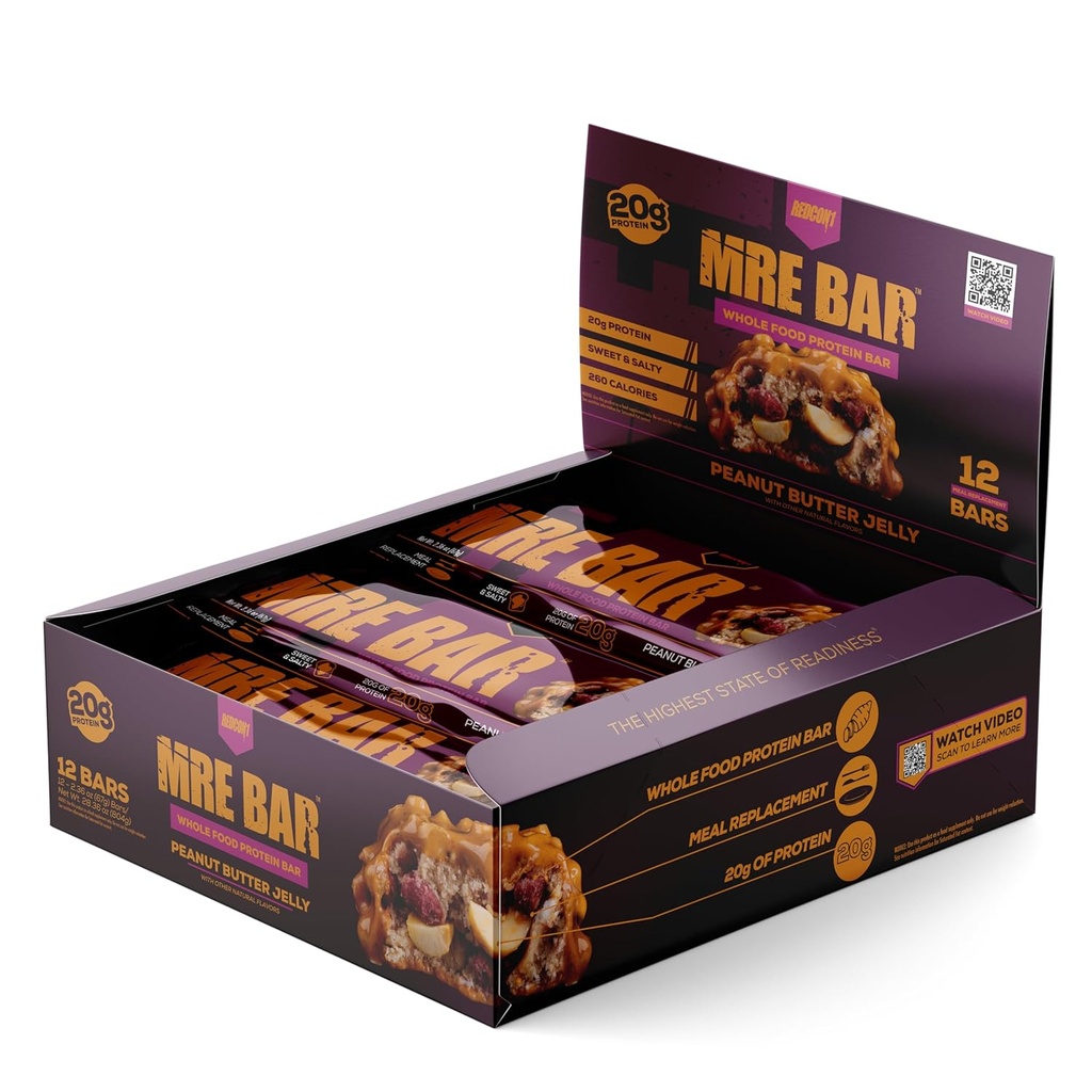 Bar de proteine REDCON1 MRE, Jeleu cu unt de arahide - Contine ulei MCT + 20 g de proteine alimentare integrale - Digestible Ușor, Macro Balanced Low Sugar Meal Bar (12 Baruri)