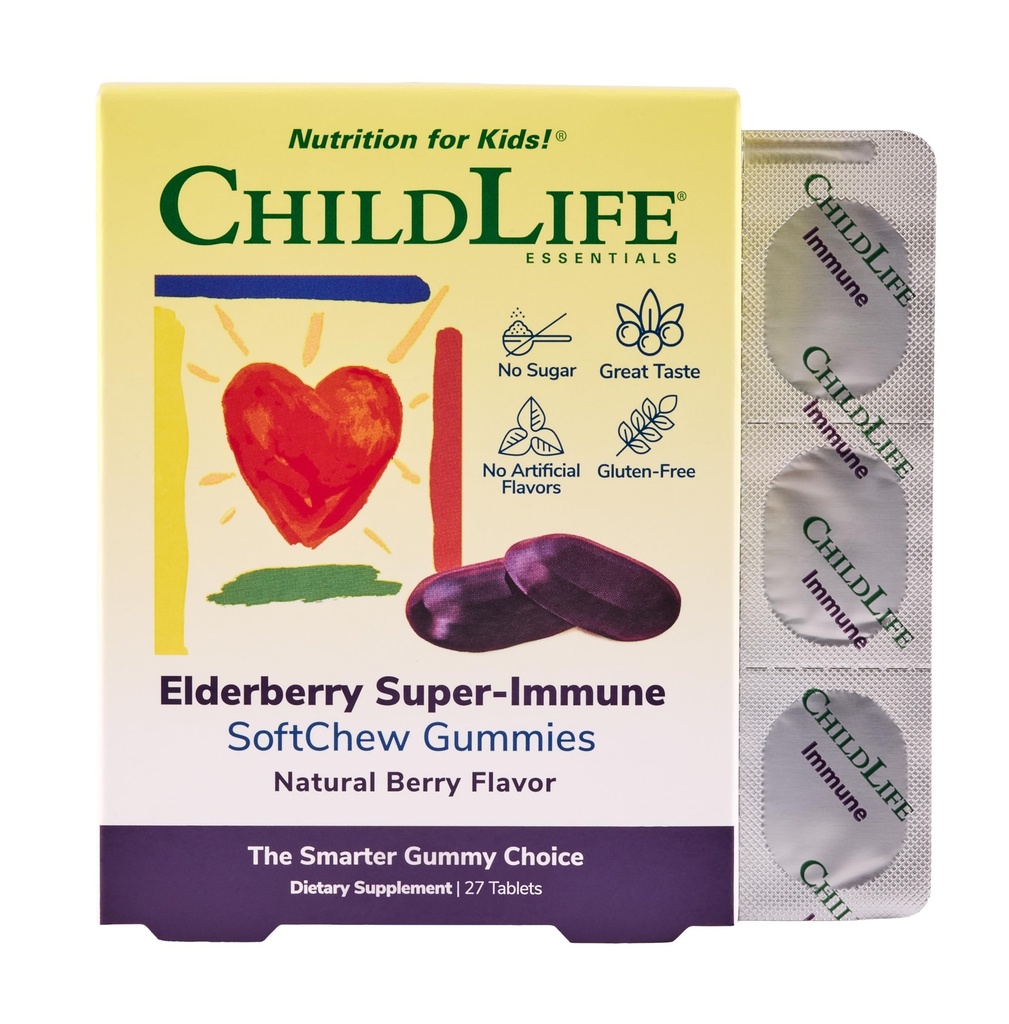 CHILDLIFE ESENȚIALS Elderberry Super-Immune SoftChew Gummies pentru copii - Suport imunitar cu vitamina C & Vitamina D3, Suplimentul imunitar de elderberry pentru copii, Copii & copii - Berry, 27 Softchews