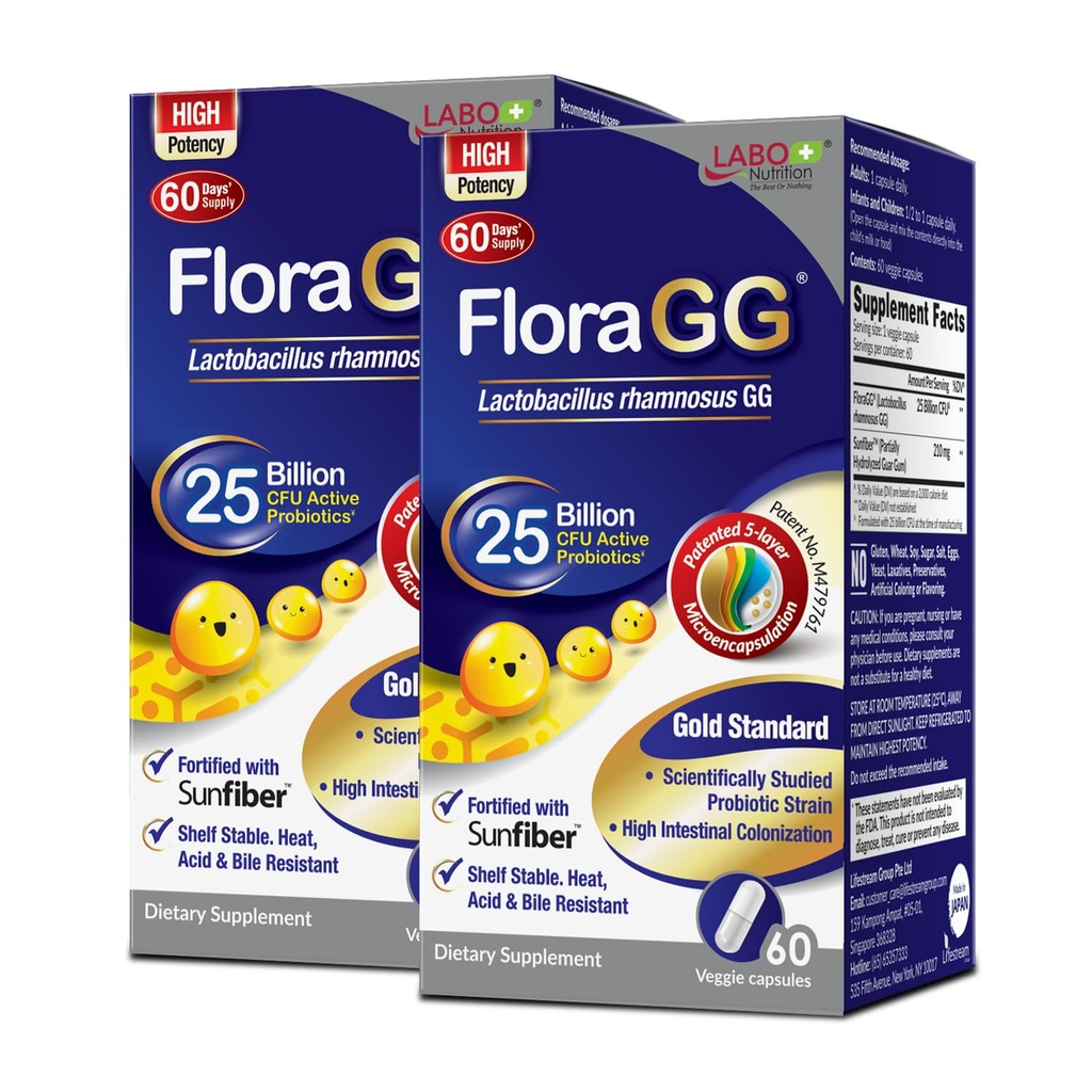 Labo Nutrition FloraGG, Lactobacillus Rhamnosus GG 25 Miliarde CFU Probiotice active & Sunfiber Prebiotic Fiber Supliment, Suport Intestinal Sanatos, Imun sanatate Intarziata Eliberare & Gluten gratuit 60sx2