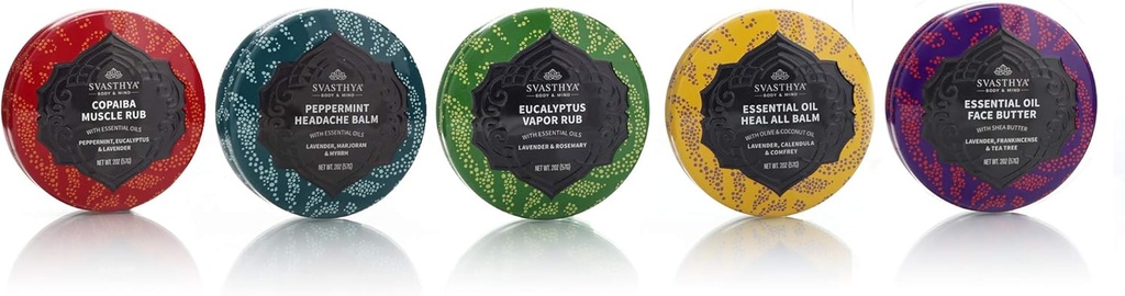 SVASTHYA BODY & Minte Essential Balsamuri de ulei Multi Pack Cadou Set - Include masa musculara, Balsam de cap, Rub Vapor, Vindecă All Balm and Face Butter - Made in the USA, 1 ea -5 Pack
