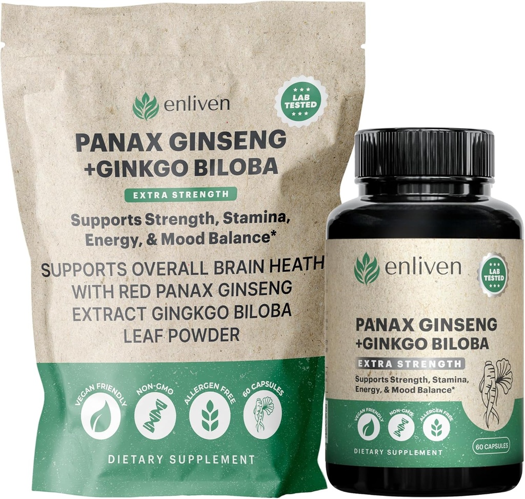 Panax Ginseng & Ginkgo Biloba Supliment pentru energie, Focus & Brain Health 