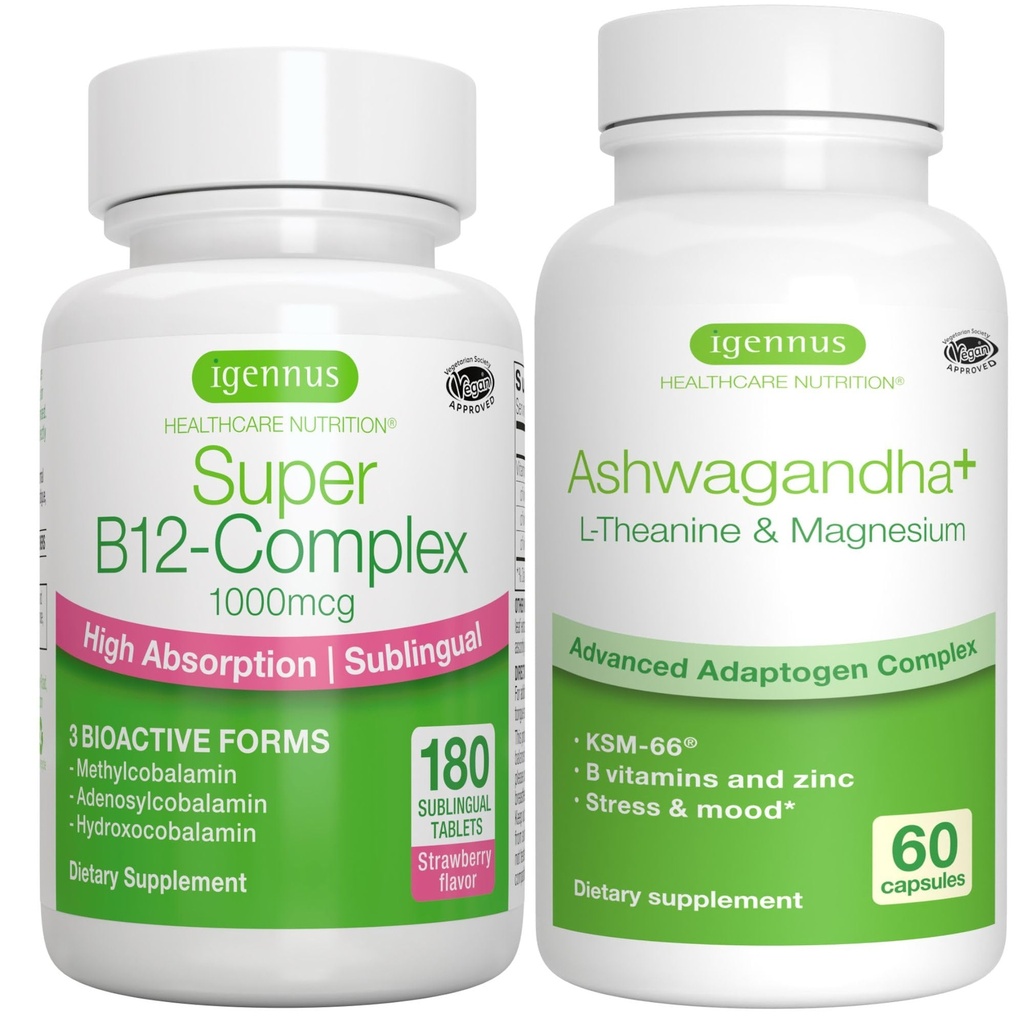 Super B12-Complex 1000mcg + Advanced Ashwagandha KSM-66, L-Theanin & Magneziu Bundle, High Absorbtion Sublingual Vitamina B12 + Multi Action Adaptogen Complex, de Igennus