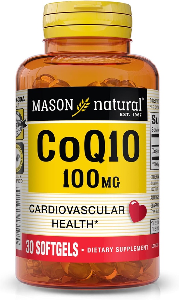 MASON NATURAL Co Q10 100 mg - Healthy Heart and Cellular Energy Production, Supports cardiovascular Health, 30 Softgels