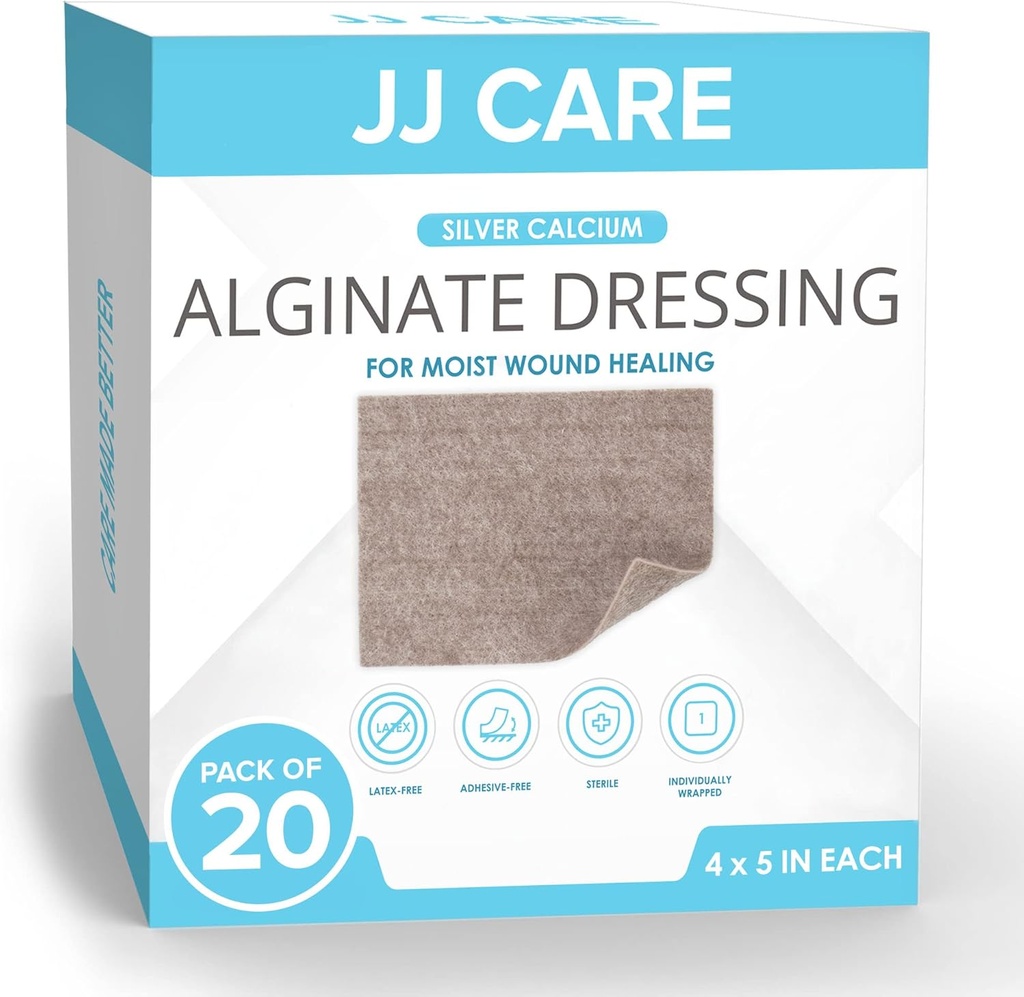 JJ CARE Silver Calciu Alginate Wound Dressing (Pachet de 20) 4x5, Silver Alginate Wound Dressing individuale ambalate, Bandaje non-adferente pentru îngrijirea rănilor