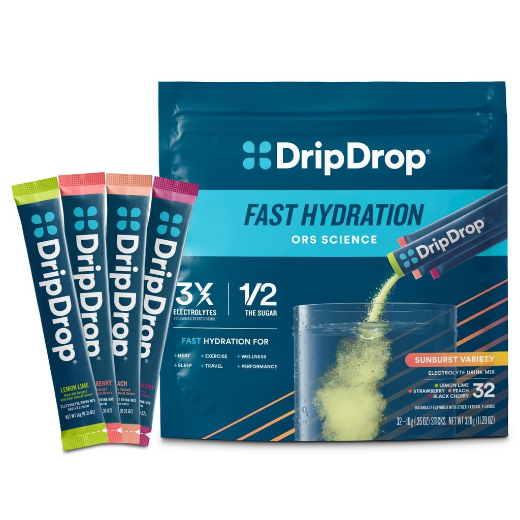 Pachete de hidratare dripDrop - Pachet de varietati Sunburst - Electroliti de unică folosinta Mix de praf - Lămâie, căpșuni, piersici, cireșe negre - Non-GMO, Gluten Free, Vegan - 32 Sticks