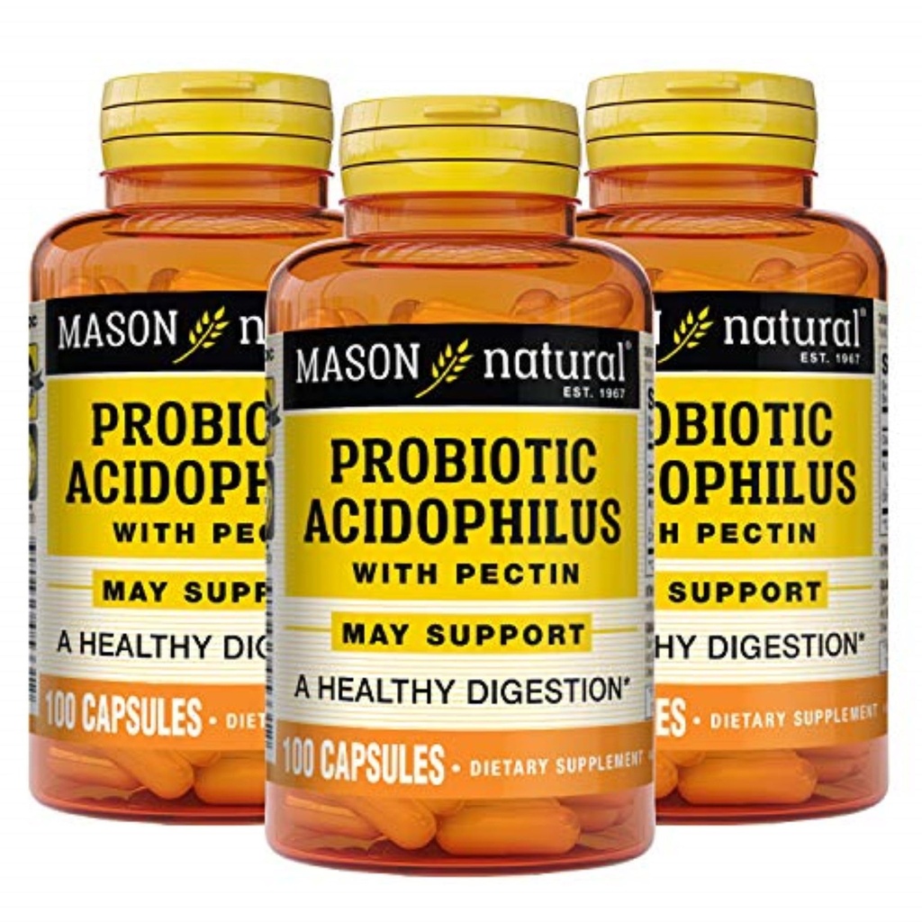MASON NATURAL Probiotic Acidophilus, 150 de zile de aprovizionare, susține regularitate și digestia normală cu Pectin & Calciu, 100 capsule (Pachet de 3)
