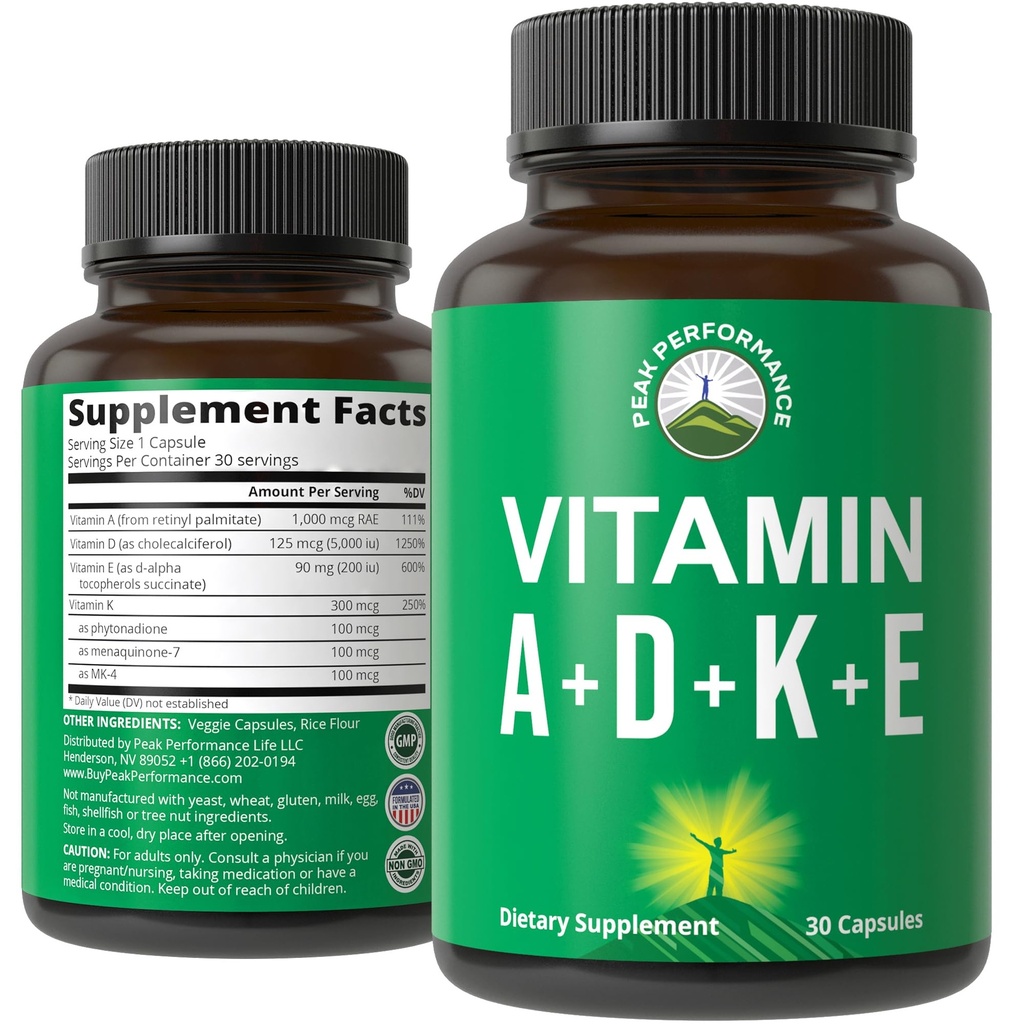 Vitamine D 5,000 ui + A + K + E Toate în 1 Capsulă Vegană uşor de înghiţit. ADK Suplimentul de vitamine cu E D3 K2. Vitamine esentiale pentru stare de spirit, imun, os, viziune, inima