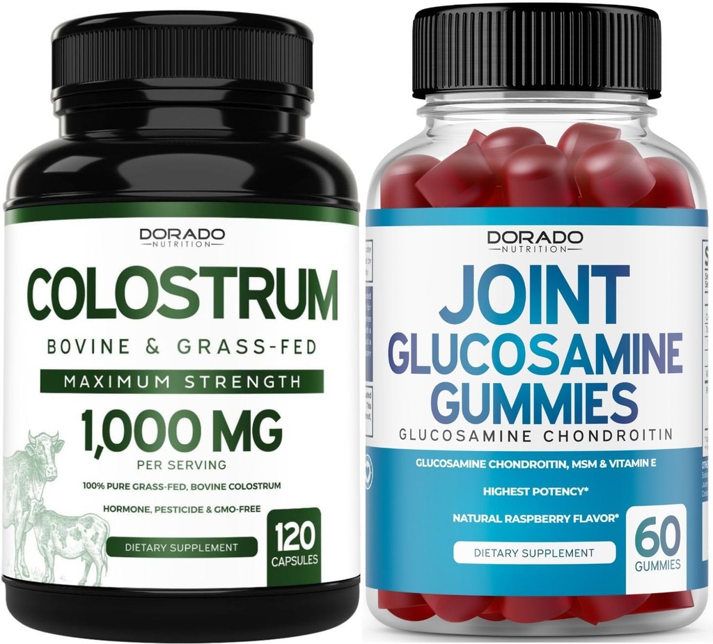 Colostrum (120 Conte) Capsule de Colostrum bovine pentru adulți și Glucosamină Chondroitin (60 Gummies) Suplimente comune pentru bărbați și femei cu aroma de zmeură delicios - Vegan Safe & Made in USA