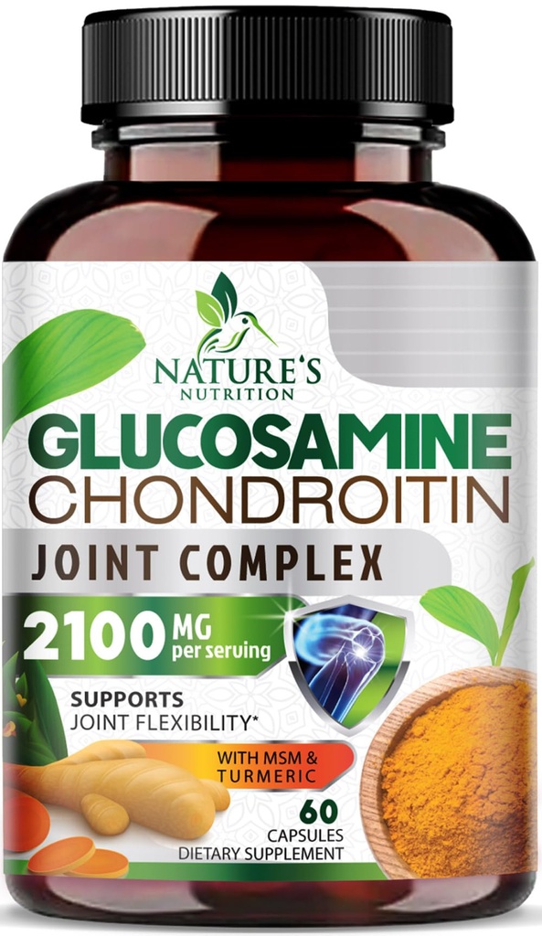 Glucosamină Chondroitin MSM 2100mg Complex - Supliment comun de sprijin pentru mobilitate comună și confort pentru bărbați și femei cu Turmeric & Boswellia, Triple Putere Glucosamine Suplimente - 60 capsule