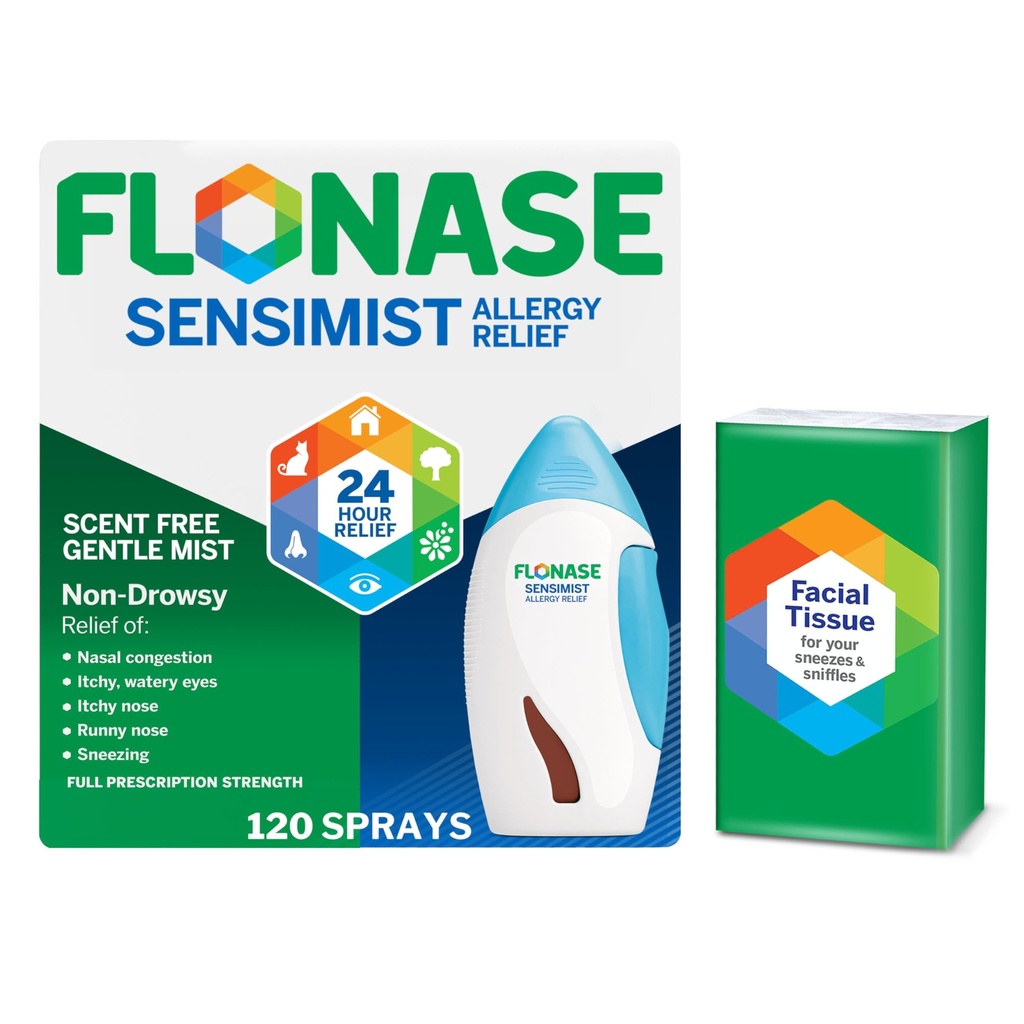 Flonase Senziist Alergie Relief Nasal Spray - non-drowsy 24HR de lungă durată alergie ajutor cu Mist fin, fără miros - 120 Spray-uri Plus Bonus pachet de țesuturi
