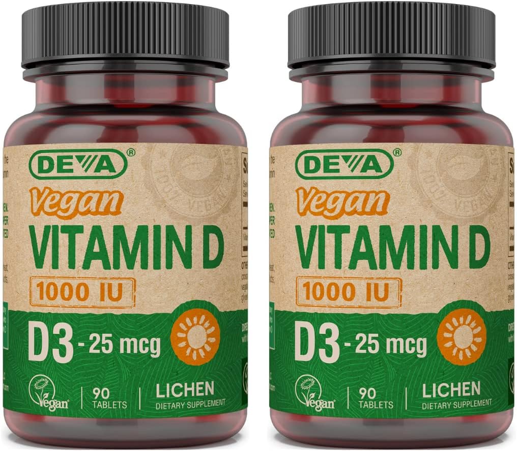 DEVA Suplimentul pentru vitamina D3 Vegană - Comprimat o dată pe zi cu 1000 UI - Colecalciferol - Lichen Plant Derived - 90 comprimate mici, 2-pack
