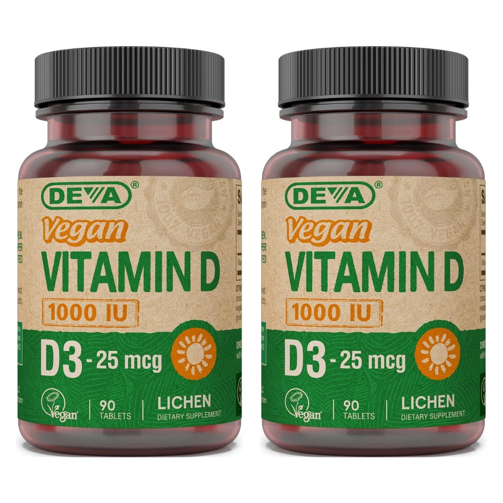 Deva Vegan Vitamina D3 Supliment - comprimat o dată pe zi cu 1000 UI - Colecalciferol - Lichen Plant Derived - 90 comprimate mici, 2- Pachet