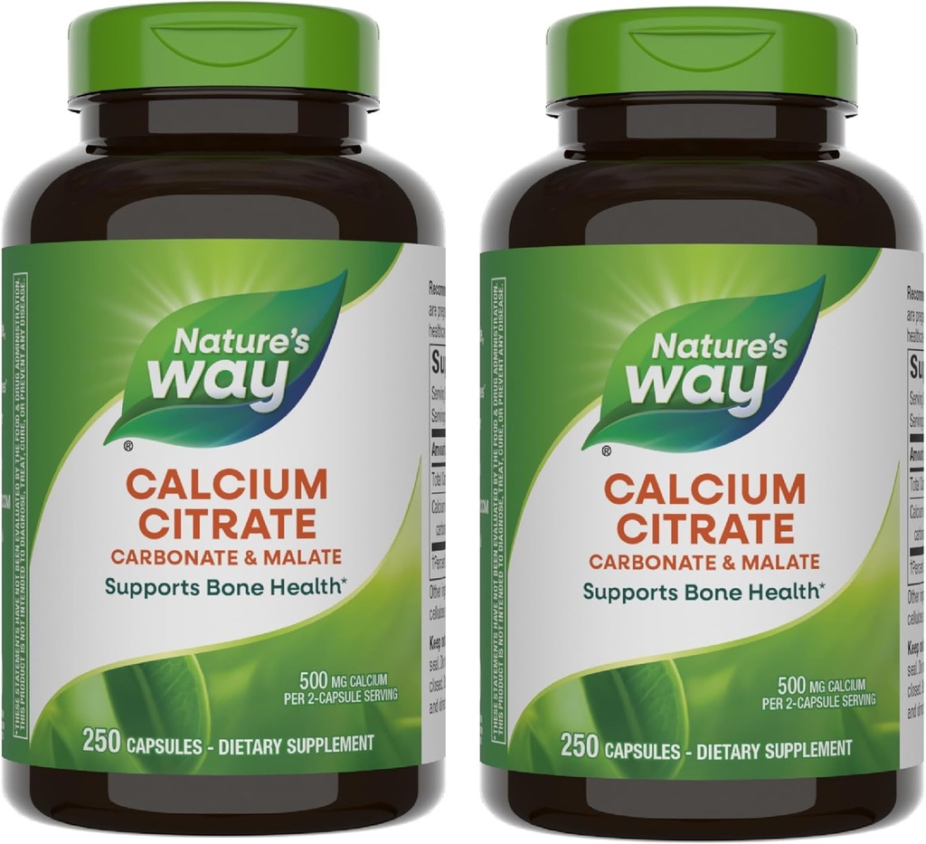 Natura's Way Calciu Citrate, 500 mg Calciu per 2-Capsule Servire, pentru Bone Health & Muscle Function*, Blend of Citrate, Carbonate & Malate, Gluten Free, 250 Capsule (Packagging May Vary) - 2 Package
