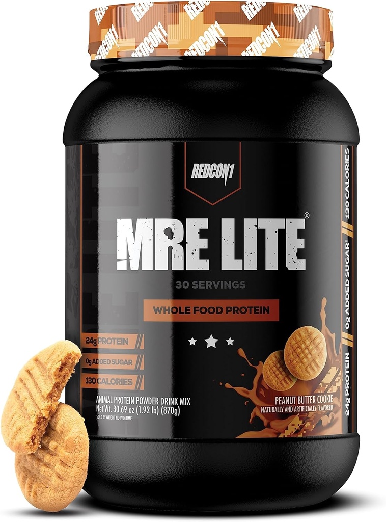 REDCON1 MRE Lite Întreaga pulbere de proteine alimentare, Unt de arahide Cookie - Carb scăzut & Whey Free Meal Înlocuire cu amestecuri de proteine animale - Ușor de săpat Suplimentul făcut cu uleiuri MCT (30 Serviri)
