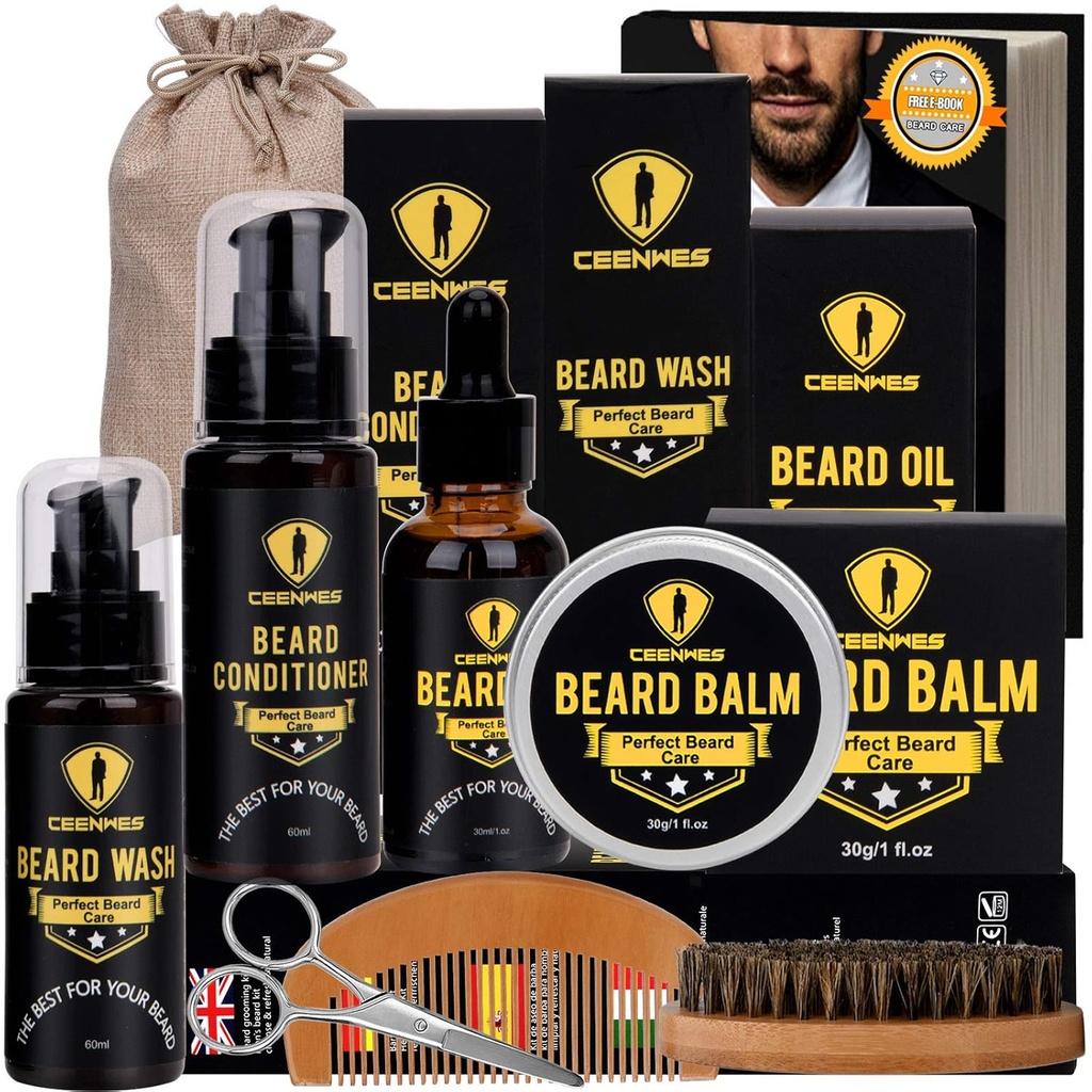 Ceenwes Upgraded Beard Grooming Kit - Balsam, Ulei, Perie, Comb, Balsam, Foarfece, Sac de depozitare pentru Barbă și mustață Trimming, Cadou perfect pentru bărbați