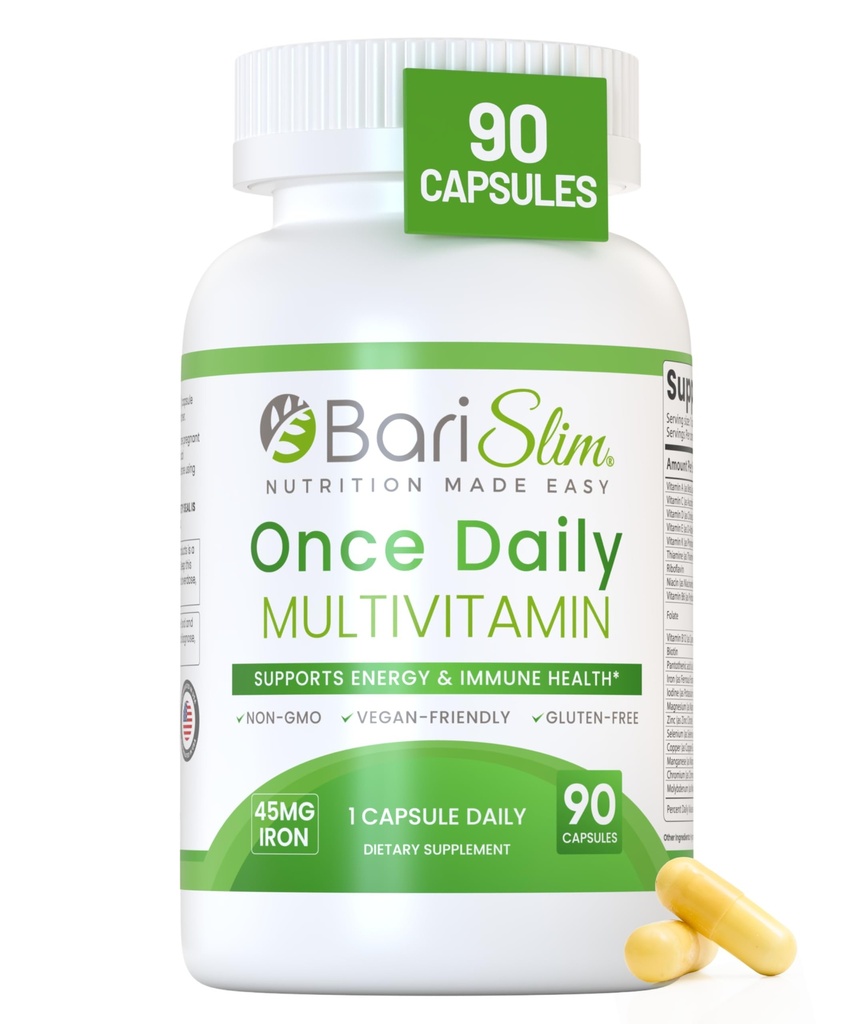 BariSlim O dată pe zi Capsule cu multivitamine bariatrice - 45 mg de fier - Vitamină şi Supliment pentru Chirurgia postbaritrică, inclusiv Bypass gastric şi Maneca gastrică 