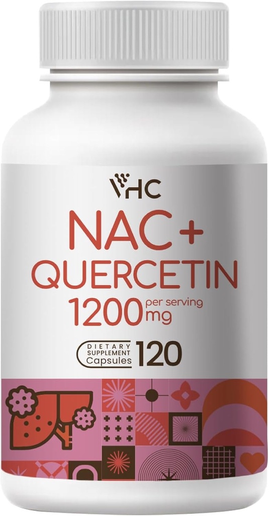 VHC NAC Supliment, Acetil L-Carnitine1200mg Plus Querbetin, Optimum Doză (1200mg + 100mg), 2 din 1 Dual Acţiune Formula N-Acetyl-L-Cysteine cu Querbetin, pentru respiraţie, ficat, imun, Made in USA