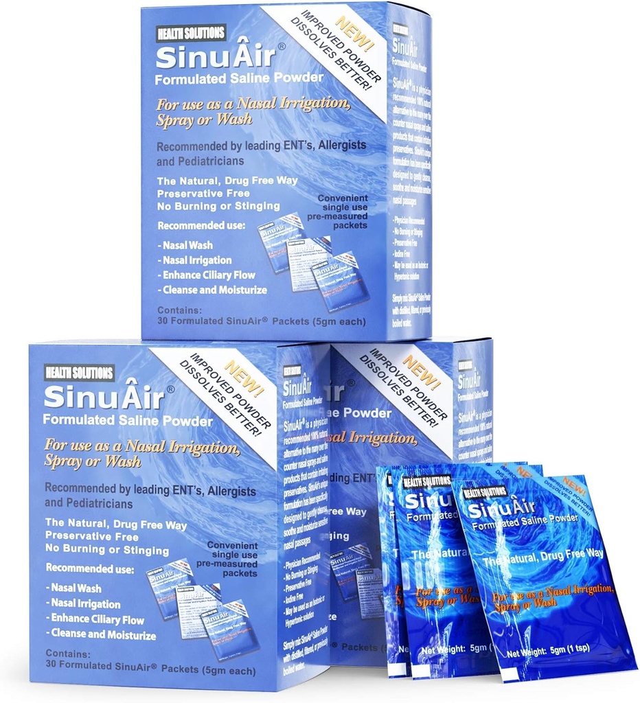 SinuAir Saline Pachete pentru clătire sinusală - Soluţie de sare premixată Pulbere pentru sistemul de elită sinupuls, Neti Pot, Spălătorie nas & Irigare nazală, 90 Pachete