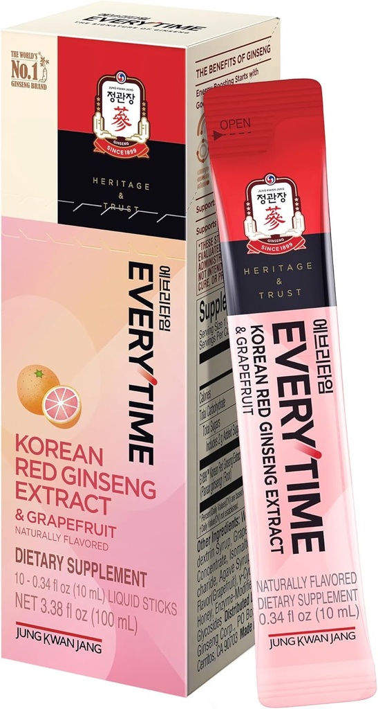 JUNG KWAN JANG De fiecare dată Coreean Red Ginseng extract 1000mg & Grapefruit - Vegan Ginseng Root Energy bautura Stick Suplimente lichid - Construieste rezistenta & Imunitate, No Cafeina (10 sticks, 0.34 fl oz)