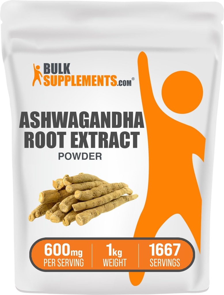 BulkSupplements.com Ashwagandha Root Extract pulbere - Ashwagandha Supliment, Herbal Supplement - Vegan & Gluten gratuit, 600 mg pe servire, 1kg (2,2 lbs) (Pachet de 1)