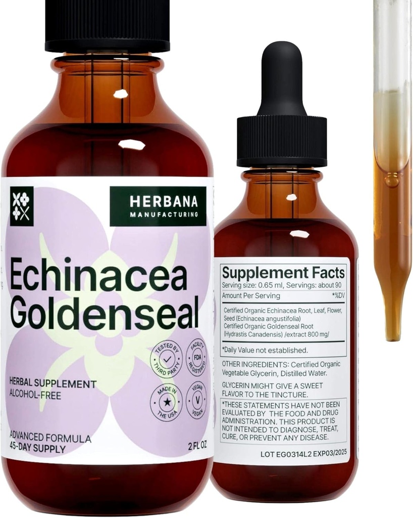 Echinacea si Goldenseal 2 fl oz Extract lichid - Supliment natural Herbal - Picături de sprijin imunitar - Îmbunătățirea somnului 