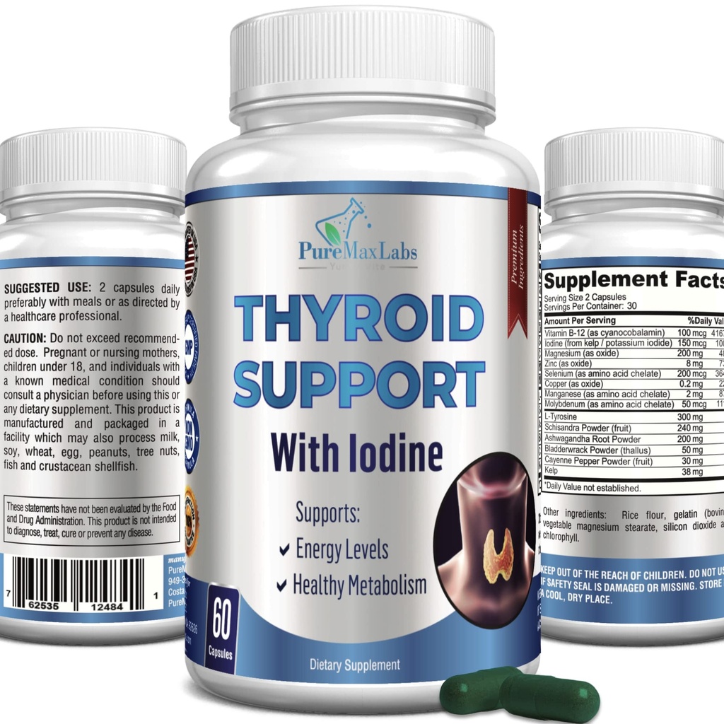 Suport tiroidian cu iod - Booster metabolic, Booster de energie, Creșterea focalizării - Premium non-GMO supliment tiroidian 60 capsule