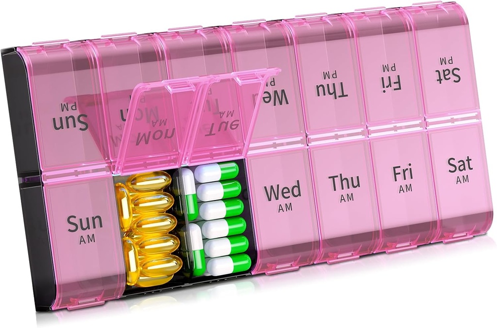 Daviky XL Large Weekly Pill Organizator 2 ori pe zi, Extra Big 7 zile Pill Box AM PM, Daily Pill Case Medicine Organizator cu 14 Compartimente, Ziua de noapte Container pentru uleiuri de pește, Vitamina, Supliment