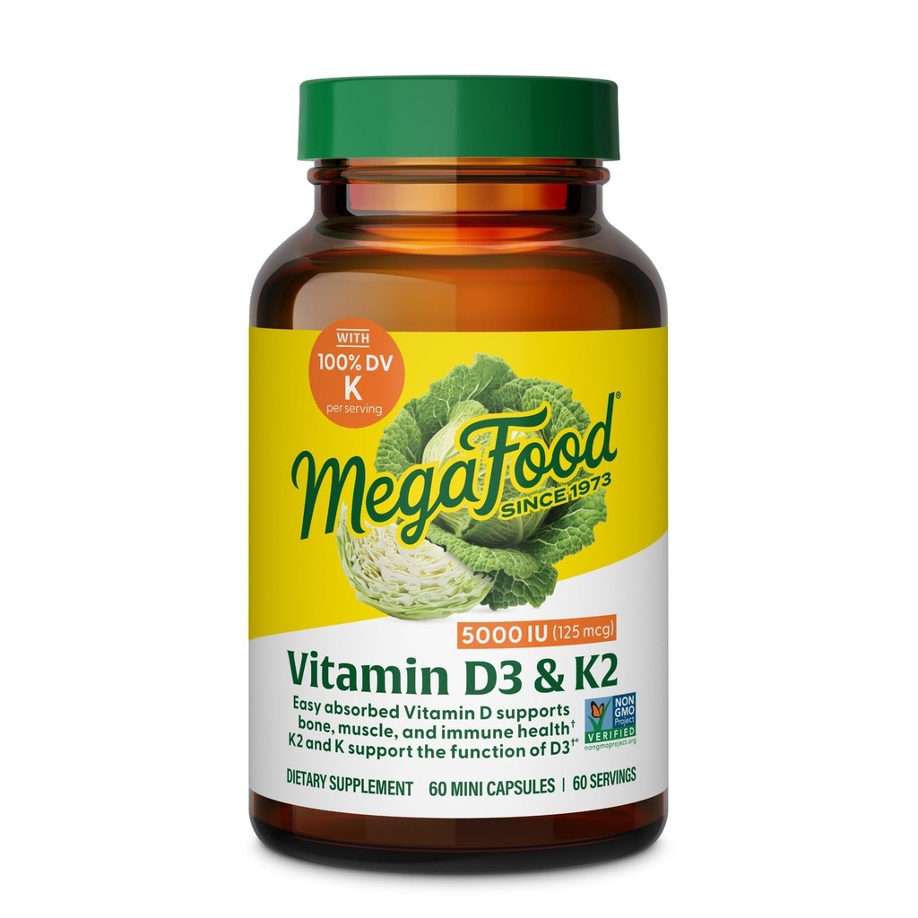 MegaFood Vitamina D3 5000 UI (125 mcg) - Suplimente vegetariane cu vitamina D3 K2 - Suportă oase, dinți, mușchi și sănătate imună - Certified Non-GMO - 60 Mini Capsule, 60 Servings