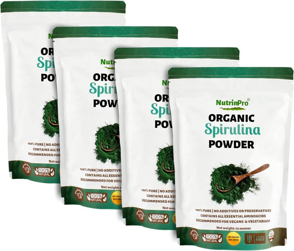 Patru Pack Spirulina pulbere pentru suc și mix de piure; 100% naturale, USDA Organic și Gluten gratuit, cu proteine mari, vitamine, antioxidanți și minerale (12 Ounces) (4)