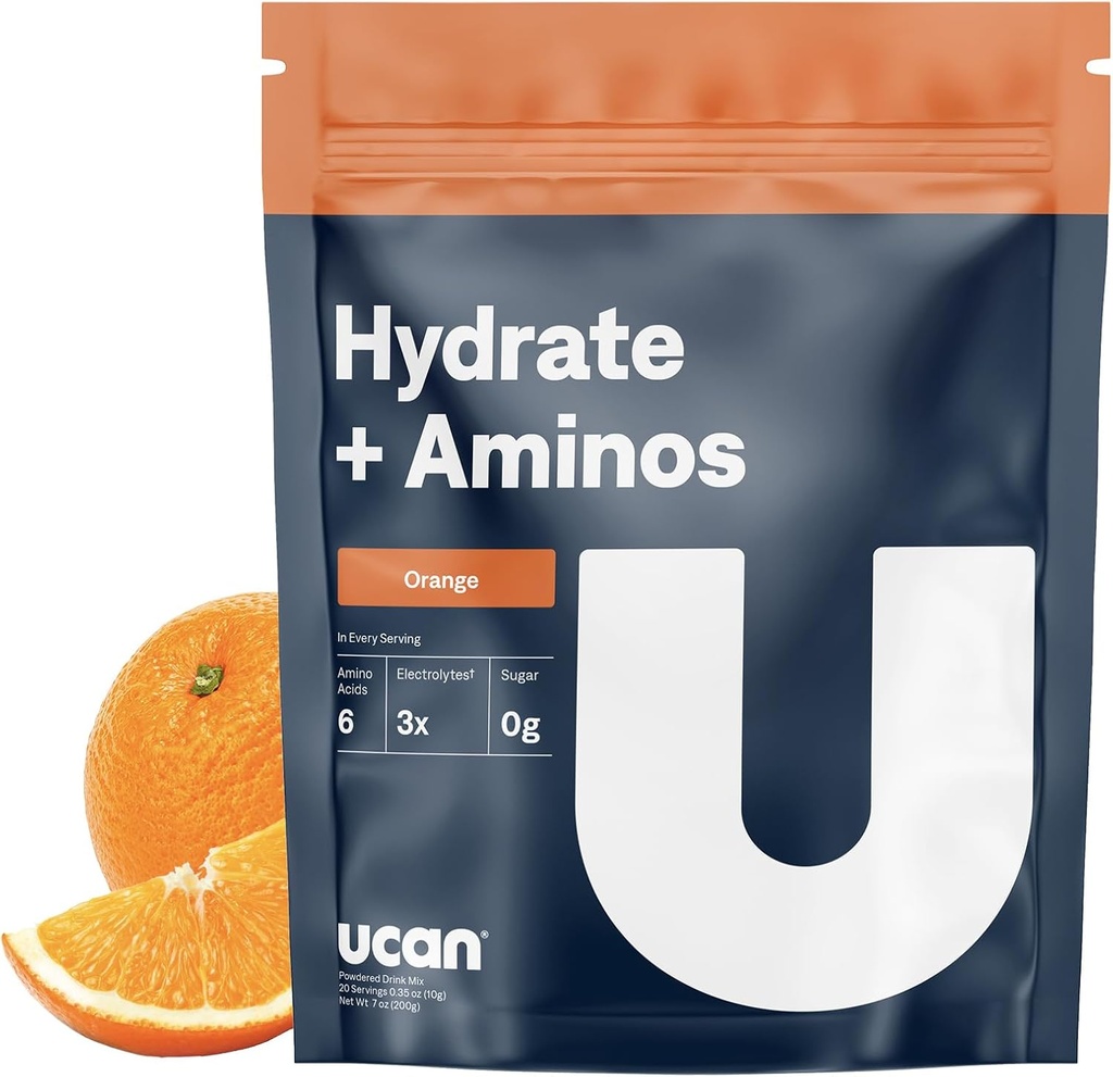 UCAN Hydrate + Aminos, Orange 20 Servire sac, Keto, Sugar-Free Electrolit + Recovery musculare, Electroliți esențiali + EAAS & BCAAs, Non-GMO, Vegan, pentru Runners, Gym-Goers, Sportivi de performanță