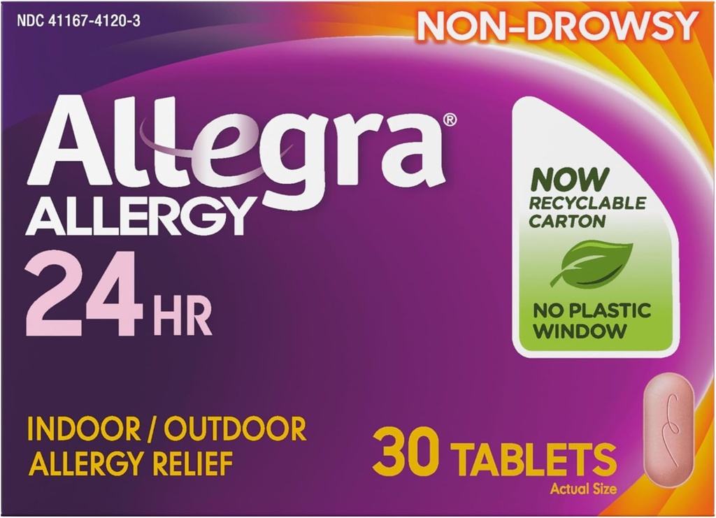 Allegra Adult 24HR Antihistamin non- Drowsy, 30 comprimate, Relief pentru alergii rapide, 180 mg