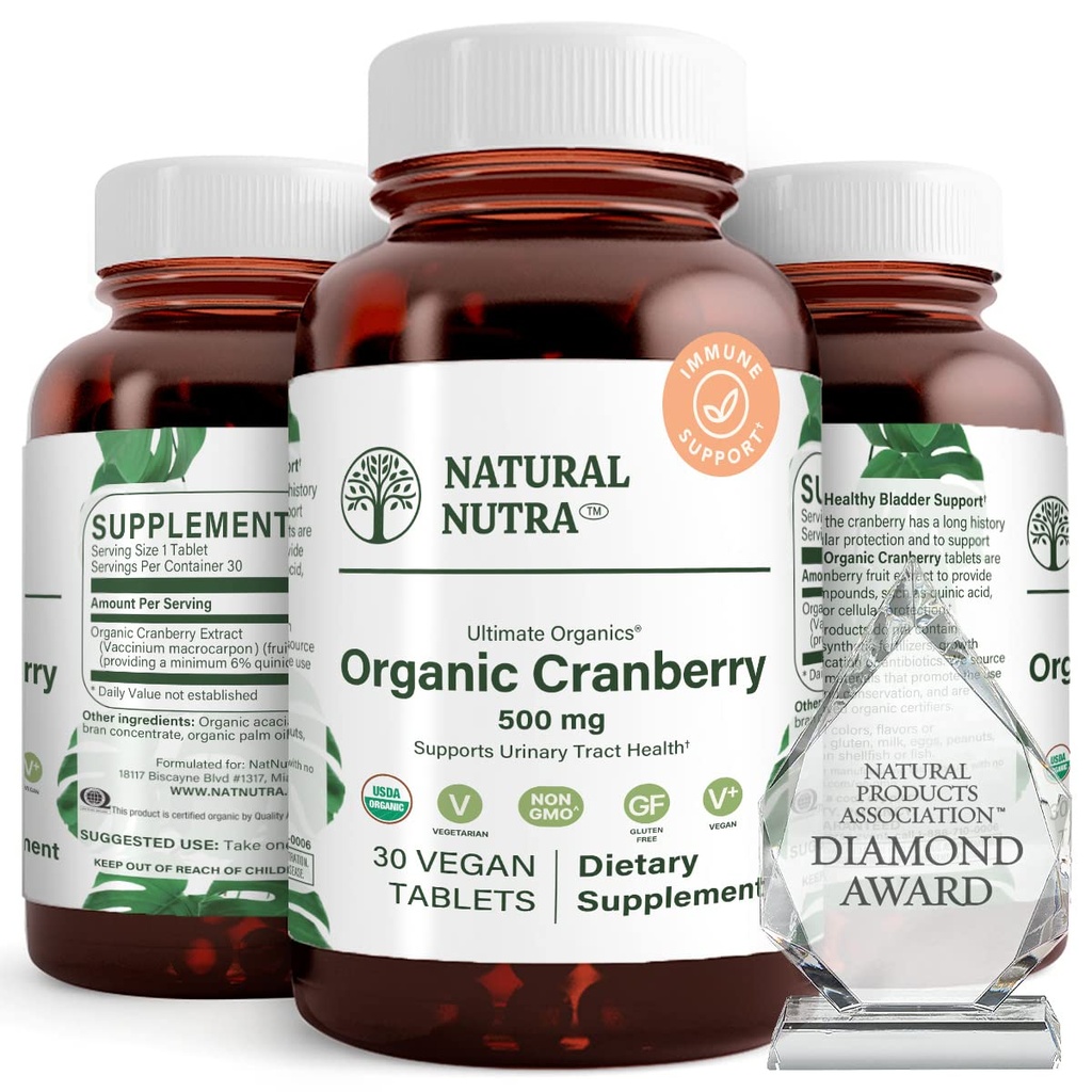 Natural Nutra Organic Extract de Cranberry Supliment, Ajutor pentru prevenirea leziunii urinare, Promoveaza sanatatea osoasa, Ajutor pentru mentinerea sanatatii inimii, Îmbunatatirea Digestiei, Promovarea sanatatii pielii, 30 tablete, O luna de aprovizionare