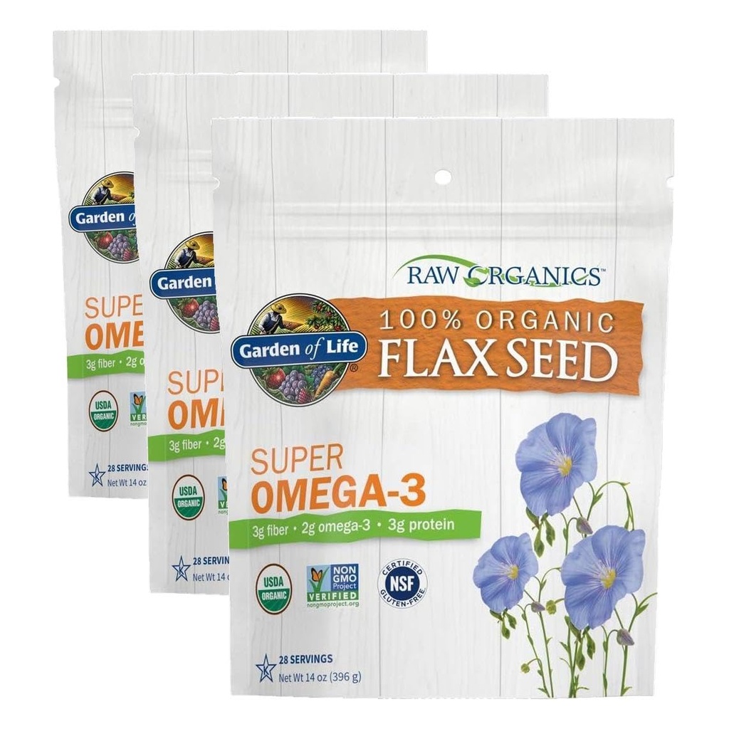 Gradina de viata 100% Organic Ground Flax Seed, Cold Milled Premium Flaxseed Meal for Women and Men, 2g Omega 3, Lignans, 3g Fibră, 3g Proteine, Un Ingredient, Conservative Free, 28 Serviri (Pachet de 3)