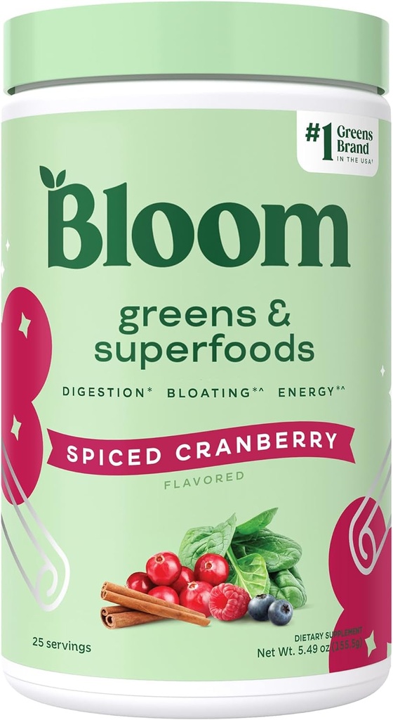 Bloom Nutritie Superfood Greens Pulbere, Enzime digestive cu Probiotice si Prebiotice, Sanatate gutoasa, Ajutor pentru femei, Chlorella, Green Juice Mix cu rădăcină de sfeclă, 25 SVG, Spiced Cranberry