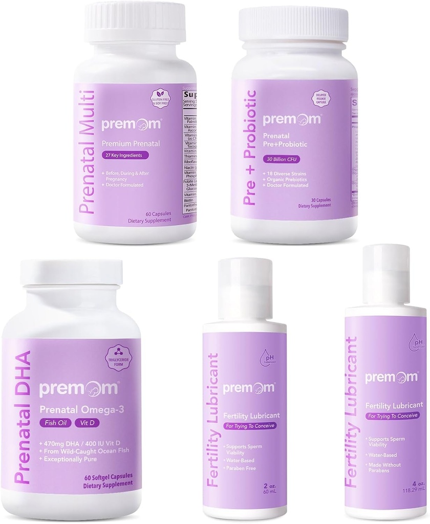 Premom Multivitamine pentru femei + Ulei de pește DHA prenatal + Prenatal & Probiotice + Lubrifiant de fertilitate personală pentru Concepția 2&4 Fl Oz
