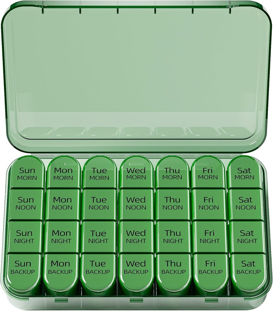 Odaro Weekly Pill Organizator de 4 ori pe zi, Daily Pill Box 7 Ziua, Caz de mari pastile de călătorie cu 28 Compartimentare la Hold Medicine, Vitamina și Supliment - Olive complet