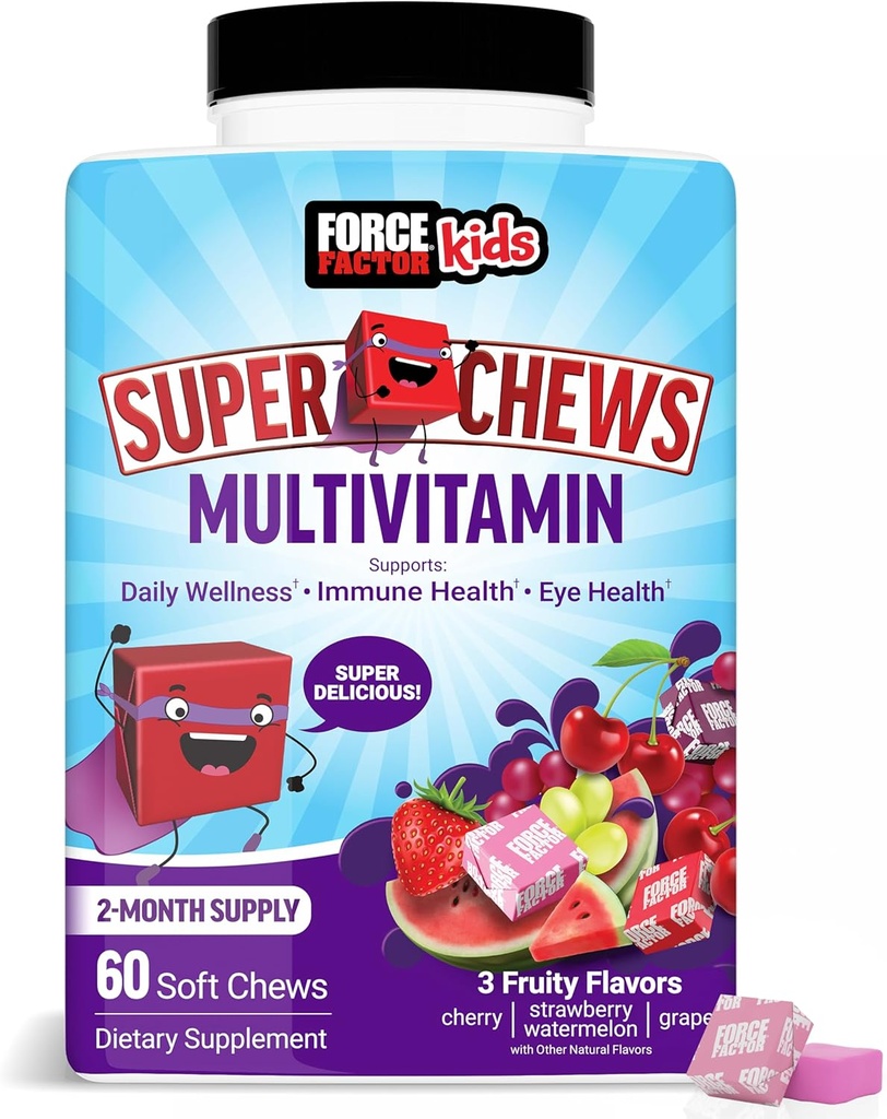 Force Factor Kids Multivitamine Super Chews, Vitamine pentru copii pentru a sprijini Wellness, Immune Health, Eye Health, & Mai mult cu 18 Vitamine, Minerale, & Antioxidanti, aprovizionare 2-Month, Multi-Flavor, 60 Chews moale