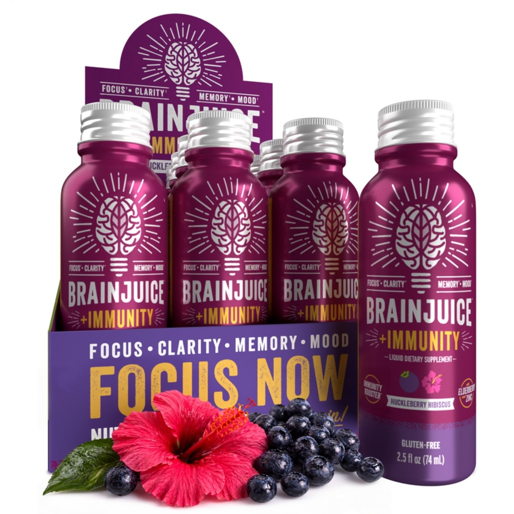 BrainJuice Brain și sprijin imunitar Shot, Gluten Free Supliment Shots for Energy, Focus, Imunitate cu vitamina D, C B, Alpha GPC & Organic Ginger Root, Huckleberry Hibiscus, 2,5 fl oz, 12 Pack