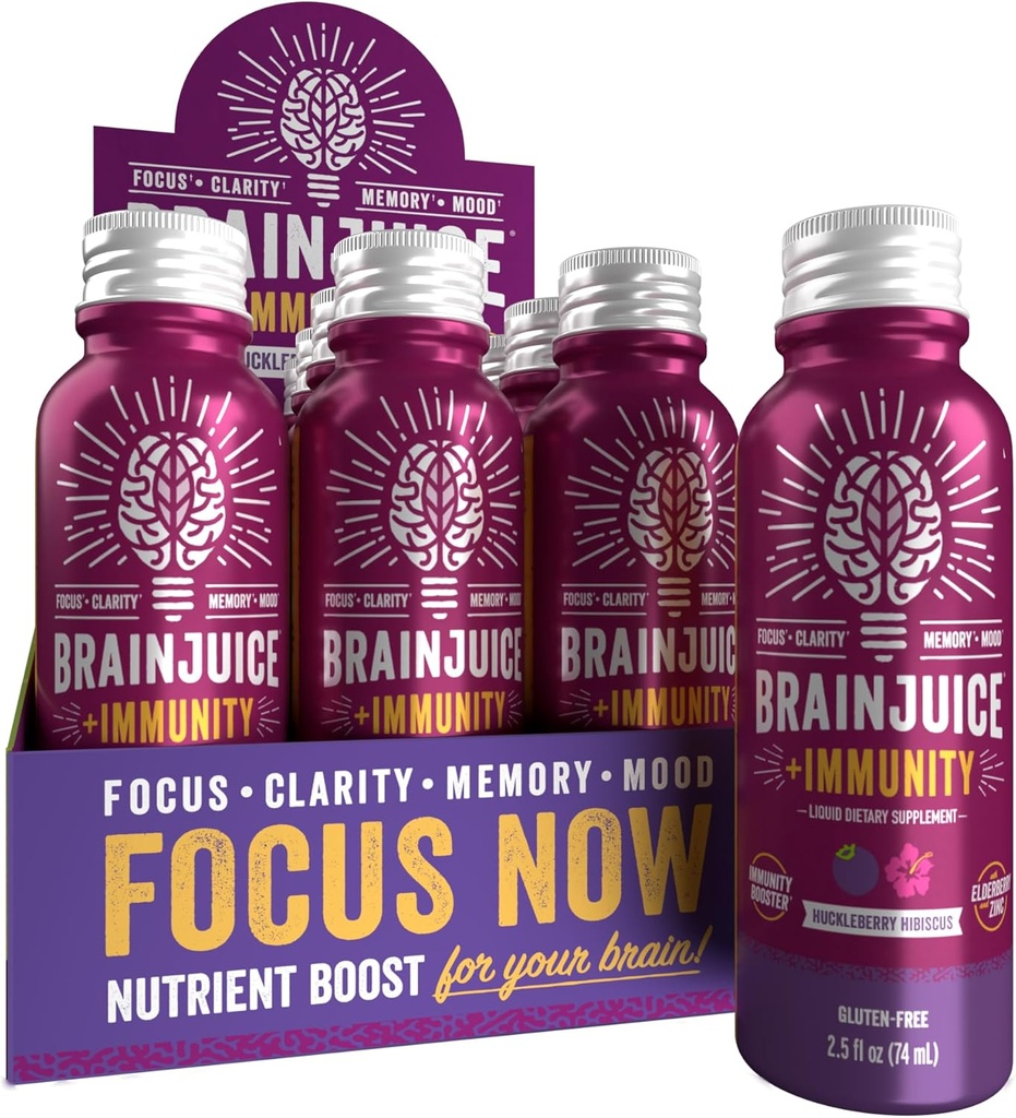 BrainJuice Brain și sprijin imunitar Shot, Gluten Free Supliment Shots for Energy, Focus, Imunitate cu vitamina D, C B, Alpha GPC & Organic Ginger Root, Huckleberry Hibiscus, 2,5 fl oz, 12 Pack