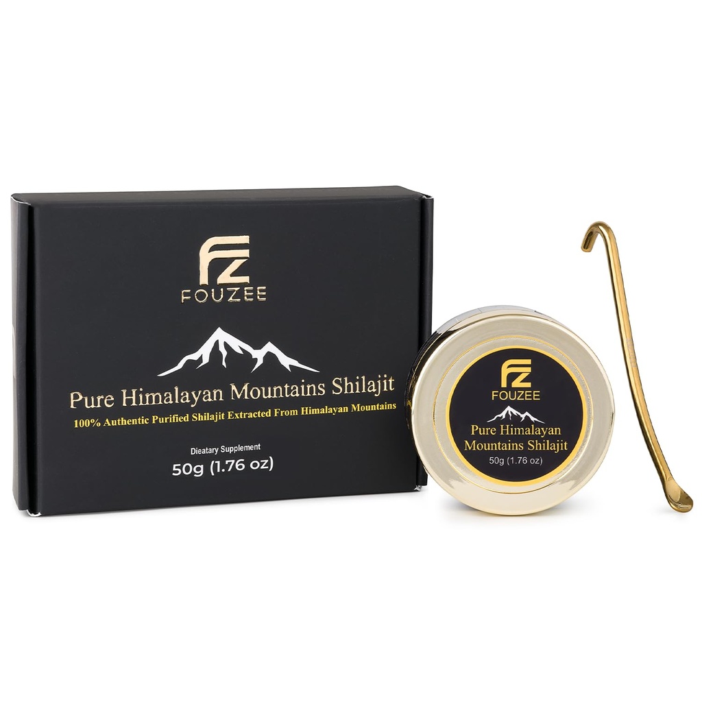 FOUZE Munţii Himalayeni Pure Shilajit - 77% + Acid fuzelian Coerenţă Hard autentică, Sursa naturală a acidului fuzelian, peste 85 Minerale Trace, include Spoon din oţel inoxidabil (50 grame)