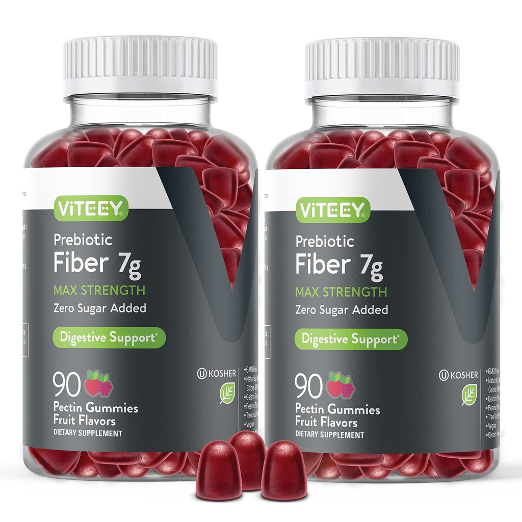 VITEEY Prebiotic Fiber Gummies pentru adulți, 7g - Gut Health & Digestive Soluble Fiber Supplement Gummies - Zero Sugar Adăugat, Vegan, Gluten-Free - 180 Conte
