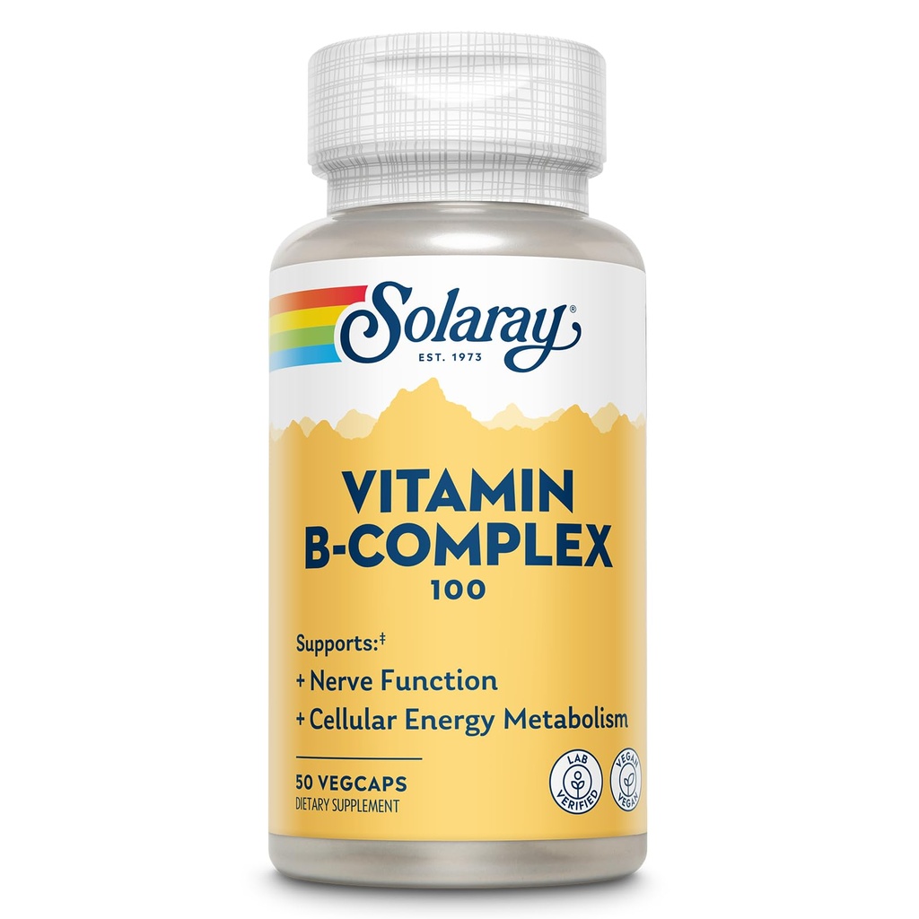 SOLARAY Vitamina B Complex 100mg - Cellular Energy, Nervi si Heart Health Support - Consumabile Toate 8 B Complex Vitamine - Vitamina B12, B1, B2, B3, B6, Niacina, Acid folic si Biotina - Vegan, 50 Serviri