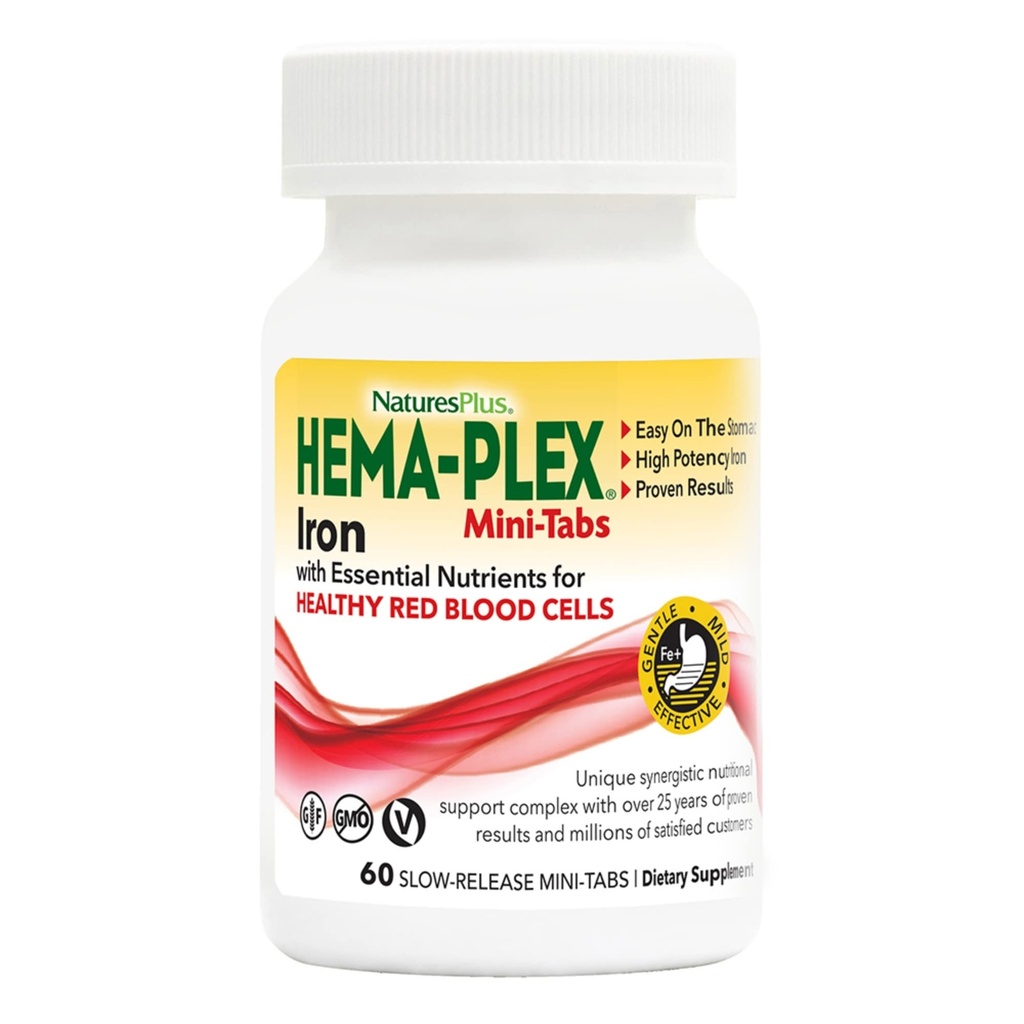 NaturasPlus Hema-Plex Fier - 60 Slow-Release Mini-Tabs - 85 mg Fier Chelat - Sănătatea totală a sângelui - cu vitamina C & Bioflavonoizi - Vegan, Gluten gratuit - 30 Serviri