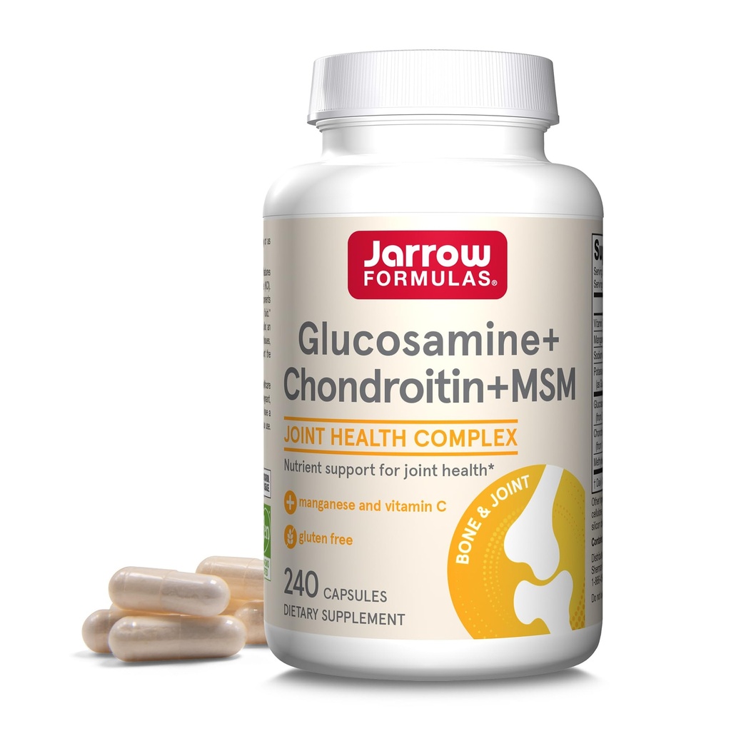 Jarrow Formulas® Glucosamină + Chondroitin + MSM Capsule, Supliment comun de suport cu vitamina C și mangan, 240 capsule, 60 zile de aprovizionare