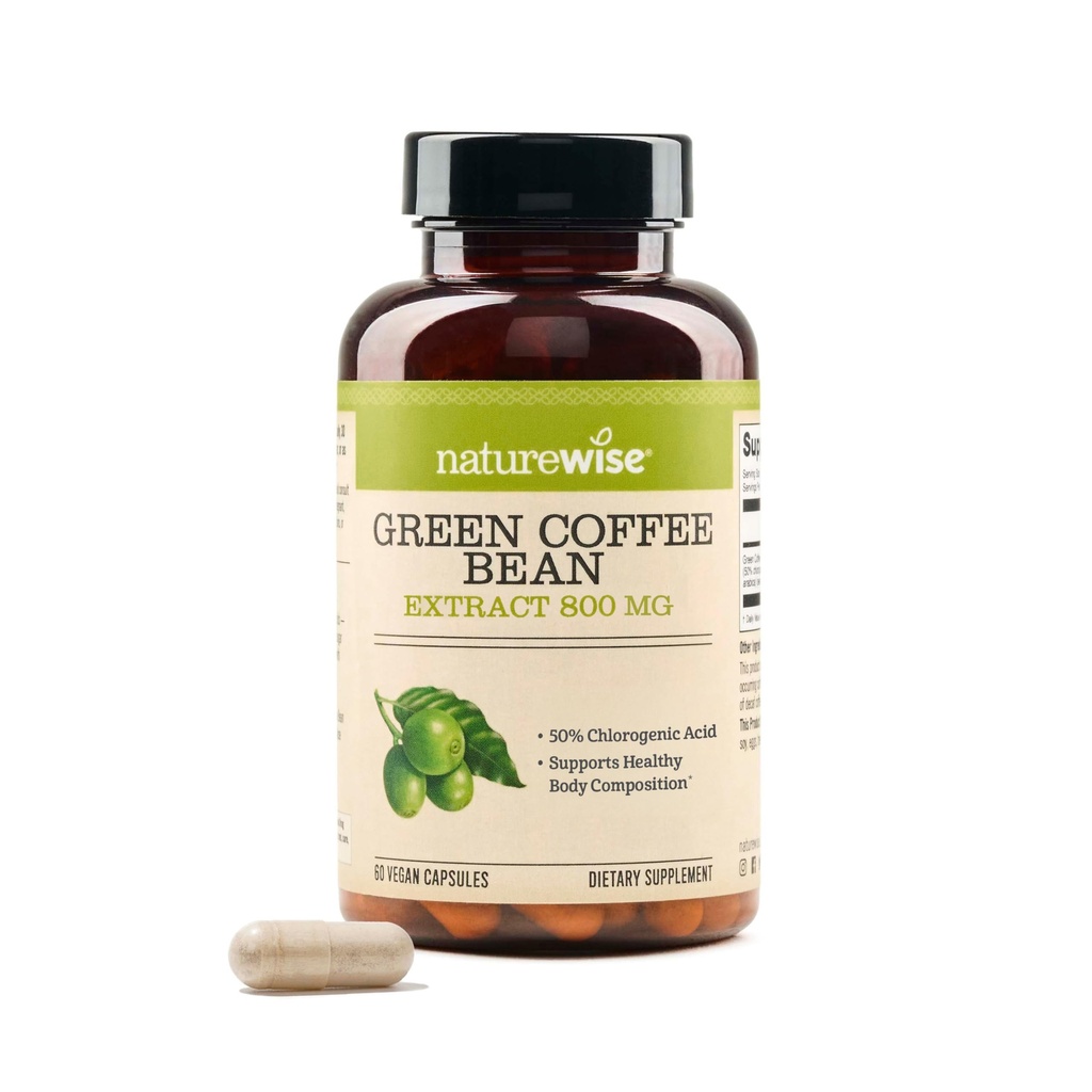 NatureWise Green Coffee Bean Extract 800mg - cu 50% Clorogen Acids - Suport pentru Obiectivele de greutate, energie, și antioxidanți - Vegan, Non-GMO - 60 Capsules
