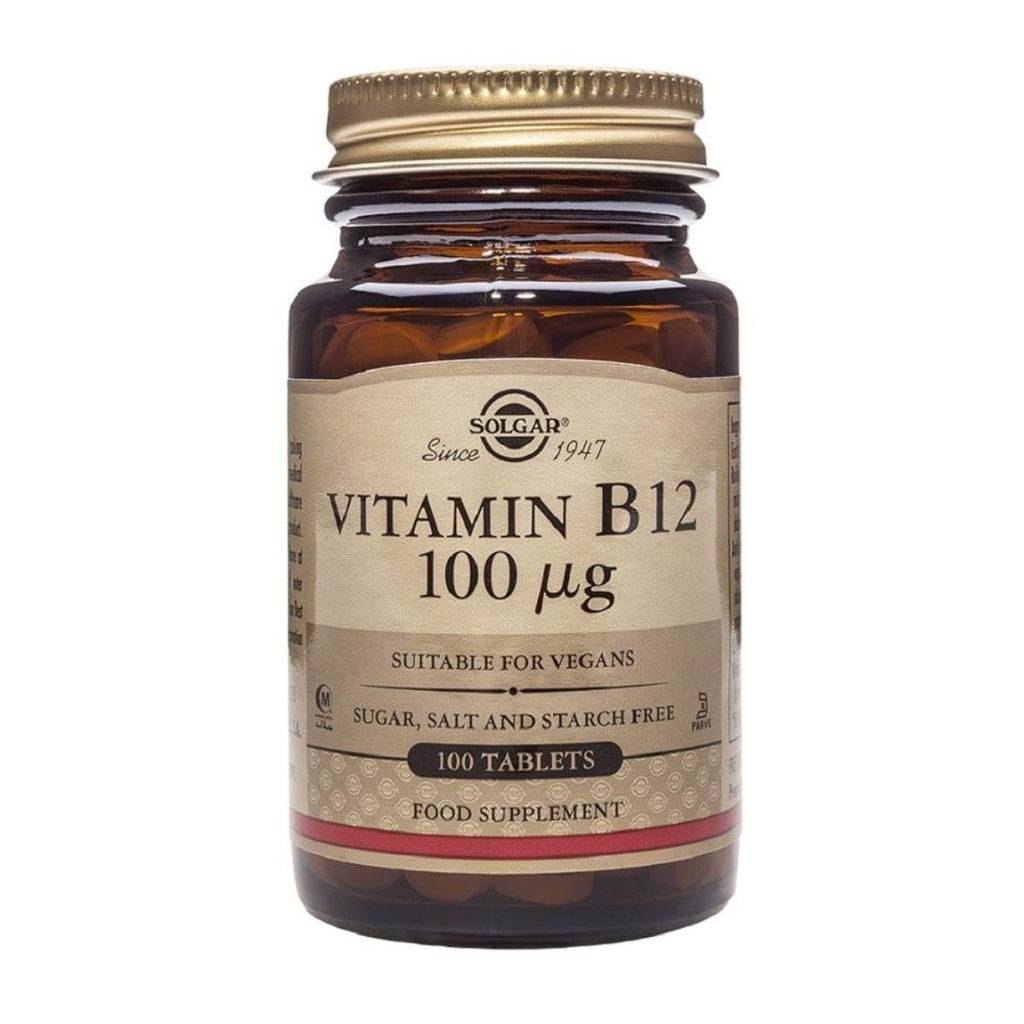 Solgar Vitamina B12 100 mcg - 100 comprimate - Energy Metabolism & Sistem nervos Suport - Non-GMO, Vegan, Gluten & Dairy Free, Kosher, Halal - 100 Serviri