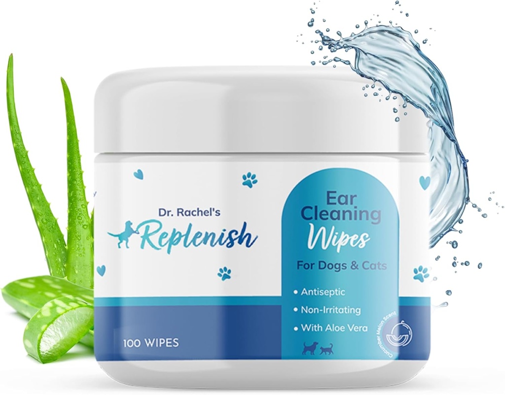 Replenish Cat și Dog Ureche Curățare Șervețele - Șervețele de ureche medicamentate blând pentru câini - Castravete Melon Scent - Cleaner ureche câine & Pisică Șervețele pentru curățare, Soothing, și deodorizarea urechilor mancarimi - 100 Conte