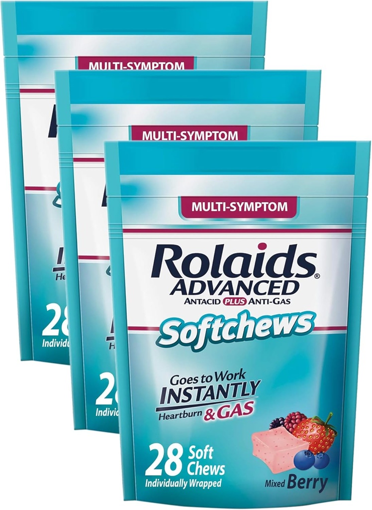 Rolaids Advanced Antiacid Plus Anti-Gas Softchews, 28 Count, Mixed Berry, Heartburn and Gas Relief (Pachet de 3)