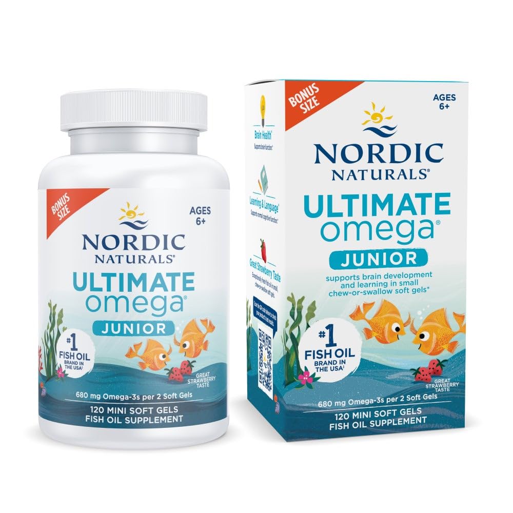 Nordic Naturals Ultimate Omega Jr., Strawberry - 120 Mini Gels Soft - 680 Total Omega-3s cu EPA & DHA - Brain Health, Mood, Learning - Non-GMO - 60 Servings