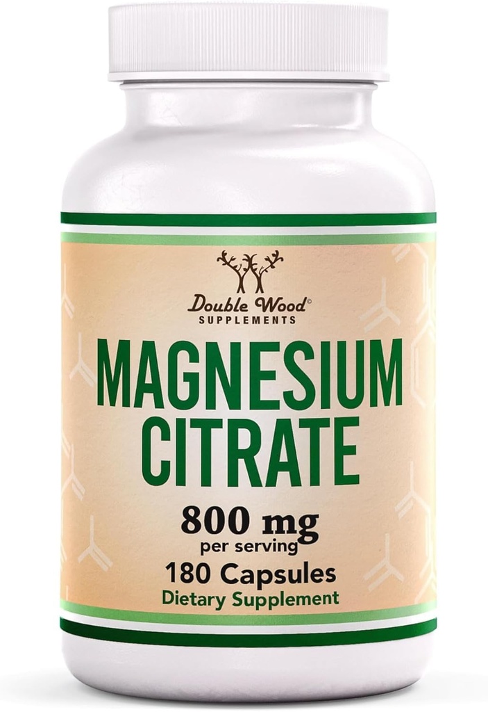 Citrat de magneziu 800mg, 180 capsule, Digestion & Constipație Suport, Vegan Safe, Non-GMO, Suplimente de lemn dublu